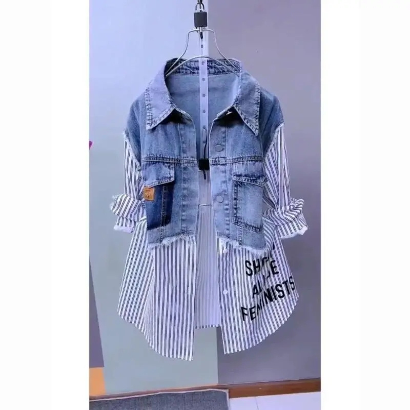 Chaqueta de mezclilla a rayas  - Women'S Fashion Denim Jacket reseña y precio